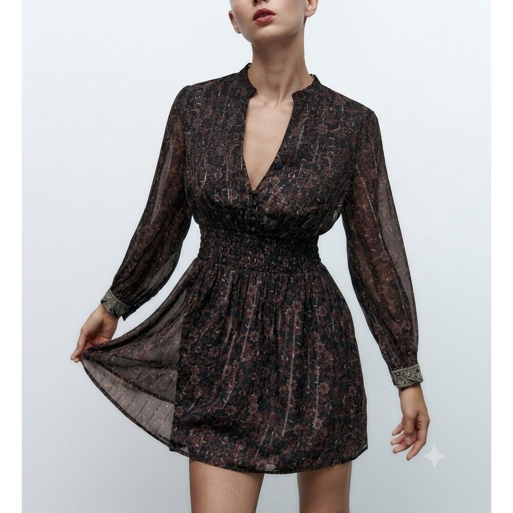 Zara Size M Black Floral Metallic Thread Mini Dress Smocked Waist Whimsigoth